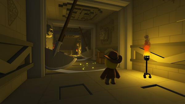 A character in an explorer hat navigates a trap-filled dungeon in this Wobbly Life screenshot.