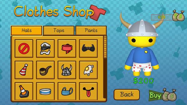 Wobbly Life screenshot: A character wearing a Viking helmet and heart shorts in a clothes shop screen with various outfit options.