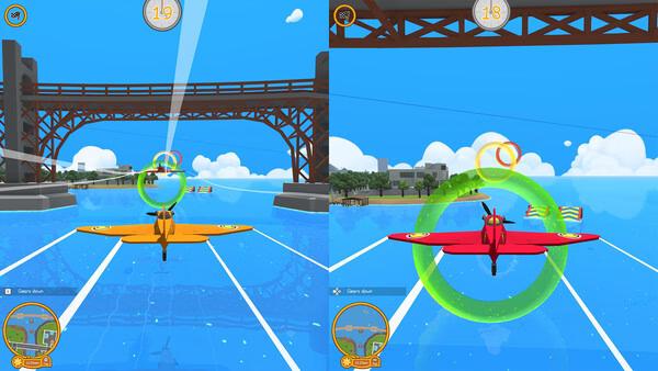 Wobbly Life screenshot: Two planes fly through colorful rings over water, racing under a large steel bridge with clear skies.