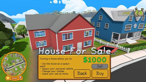 Screenshot from Wobbly Life showing a "House For Sale" sign with a price of $1000, next to red and blue houses.
