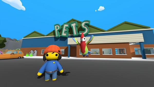 Wobbly Life screenshot: A character in blue and orange stands outside a pet store, with a colorful parrot flying nearby.