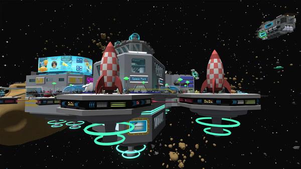 Wobbly Life screenshot: A vibrant space station with rockets and floating platforms set against a starry backdrop.