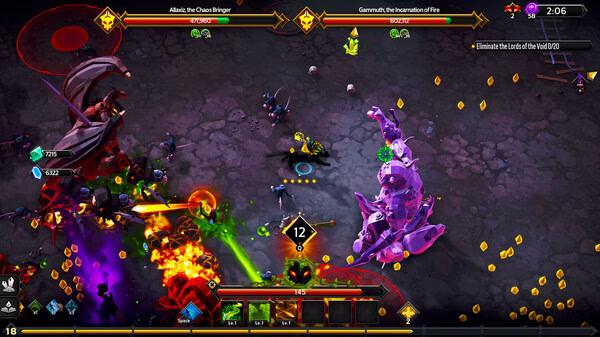 Screenshot of Soulstone Survivors gameplay showing two bosses, Alaexis and Geomursh, surrounded by glowing gems and fiery effects.