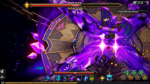 Soulstone Survivors screenshot: A player battles a large purple boss, Mithraxe, the Heretic, on a glowing circular platform.