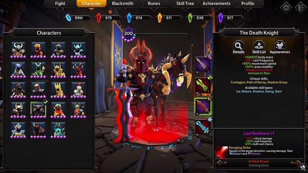 Screenshot of Soulstone Survivors showing character selection. A Death Knight is highlighted with stats and abilities displayed.