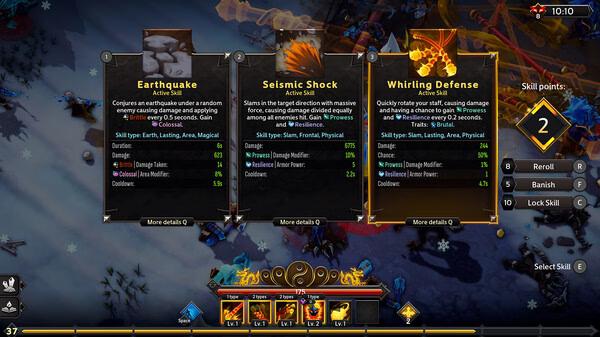 Soulstone Survivors screenshot: Skill selection menu showing Earthquake, Seismic Shock, and Whirling Defense abilities with details.