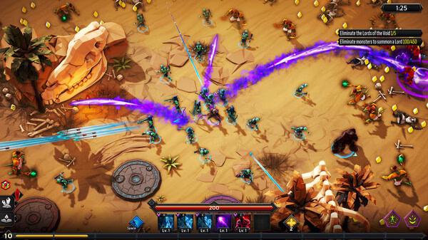 Soulstone Survivors screenshot: A player character battles hordes of enemies in a desert arena, unleashing vibrant purple and blue attacks.