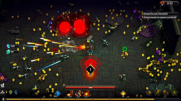 Screenshot of Soulstone Survivors showing a player character fighting hordes of enemies surrounded by glowing orbs and items.