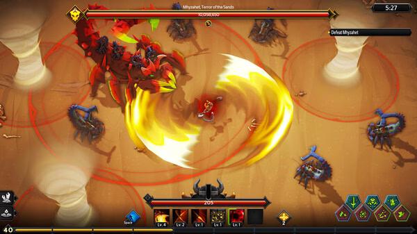 Screenshot from Soulstone Survivors showing a player character battling a large red creature amid swirling sand and multiple enemies.