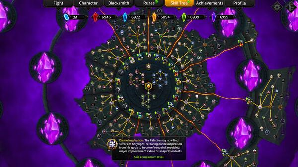 Soulstone Survivors screenshot: A detailed skill tree interface with purple crystals, nodes, and text describing divine inspiration upgrades.