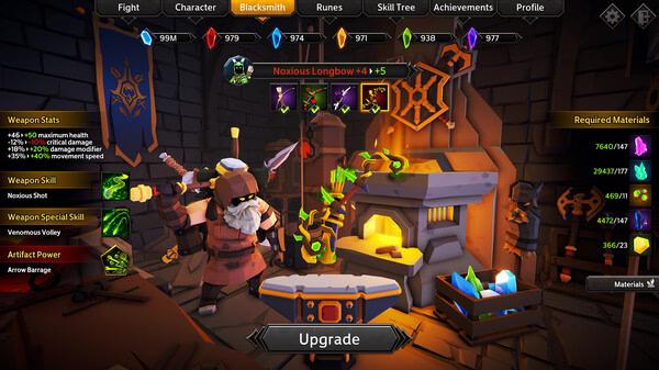 Soulstone Survivors screenshot: Blacksmith upgrading a Noxious Longbow beside a glowing forge, with materials listed on the right.