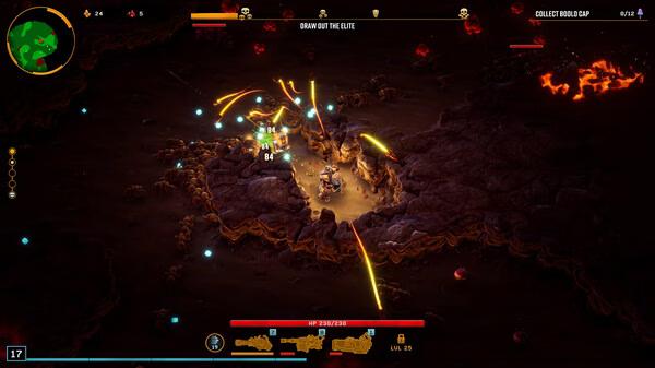 Deep Rock Galactic: Survivor screenshot showing a player battling enemies with weapons in a fiery, rocky cavern environment.