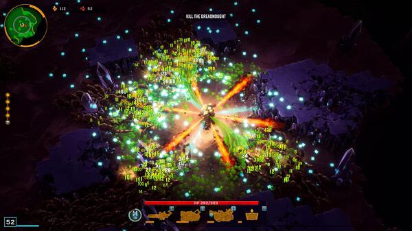 Deep Rock Galactic: Survivor screenshot showing a player battling a Dreadnought with explosions and damage numbers onscreen.