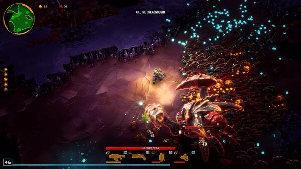 Screenshot of Deep Rock Galactic: Survivor showing a player battling alien creatures with weapons in a glowing cave environment.