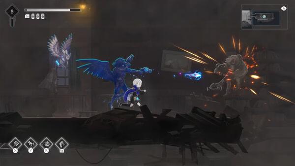 Screenshot from ENDER MAGNOLIA: Bloom in the Mist shows a player character battling a winged creature in a misty, dark environment.