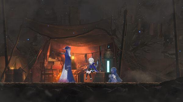 Screenshot from ENDER MAGNOLIA: Bloom in the Mist showing three cloaked characters in a mystical tent setting with glowing lights.