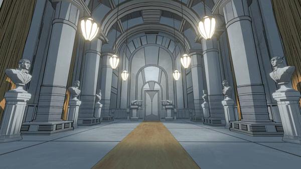 Screenshot from Blue Prince: An ornate hall with columns and statues lining the walls, illuminated by elegant hanging lamps.
