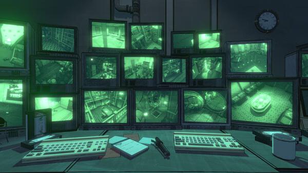 Screenshot from Blue Prince game showing multiple security monitors with green-tinted images and two keyboards on a desk.