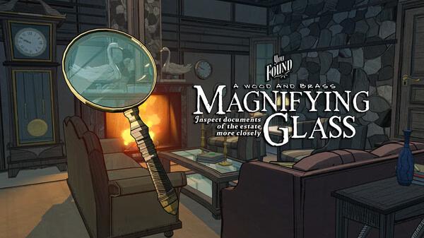 Blue Prince screenshot: A magnifying glass hovers over a cozy room with a fireplace, furniture, and a clock, highlighting investigation tools.