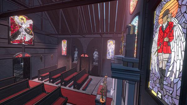 Screenshot from Blue Prince showing a detailed church interior with stained glass windows and empty pews.