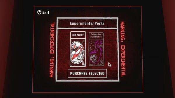 Screenshot from White Knuckle showing the Experimental Perks menu. Two perk cards, "Bad Parent" and "Teleporter Malfunction," are visible.