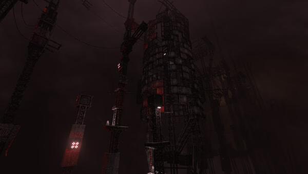 Screenshot from the game White Knuckle shows a dark, industrial landscape with towering metal structures and dim red lights.