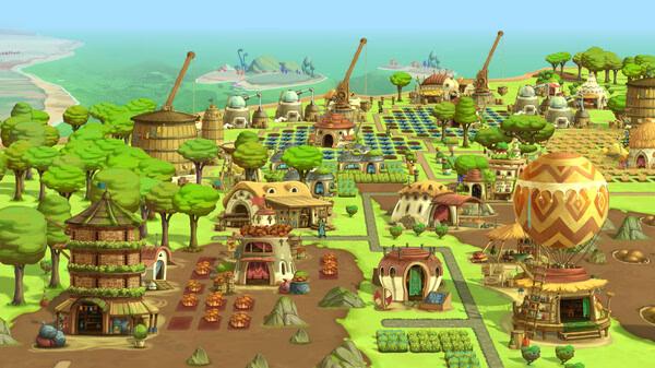 Screenshot from The Wandering Village showing a vibrant settlement with houses, farms, and structures on the back of a giant creature.