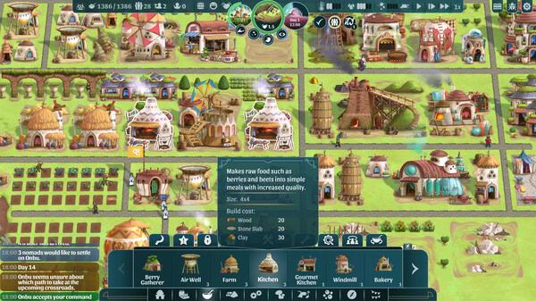 Screenshot from The Wandering Village showing a vibrant village layout with various buildings and resources displayed on the screen.