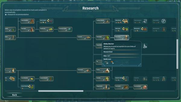 Screenshot from The Wandering Village showing the research tree interface with various technologies and nodes displayed.
