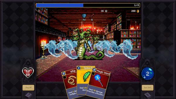 Screenshot from Vampire Crawlers: The Turbo Wildcard from Vampire Survivors showing a snake enemy and spell cards in a library setting.