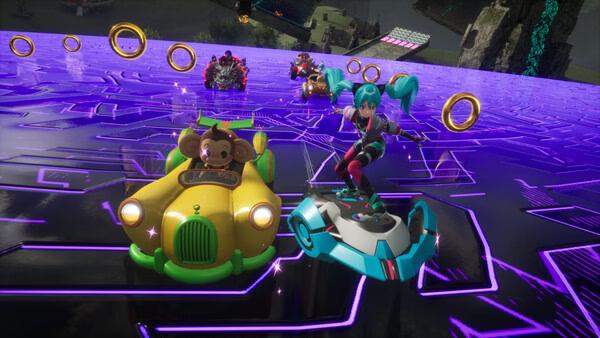 Sonic Racing: CrossWorlds screenshot showing colorful characters racing in futuristic karts on a neon track with golden rings.
