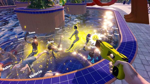 Screenshot from Waterpark Simulator showing a player spraying a group with a water gun in a pool, surrounded by named characters.
