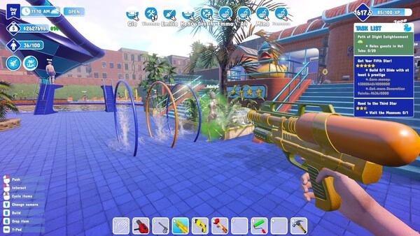 Screenshot from Waterpark Simulator showing a player aiming a water gun at colorful hoops and splashing water.