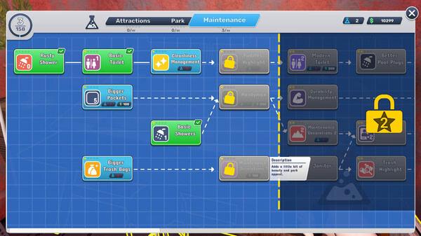 Waterpark Simulator screenshot: Maintenance tab showing upgrade paths for amenities like showers and trash bags, with a locked item.
