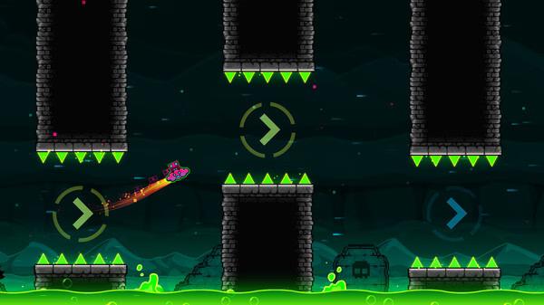 Geometry Dash screenshot: A small rocket maneuvers through a series of obstacles and spikes, navigating narrow gaps with precision.