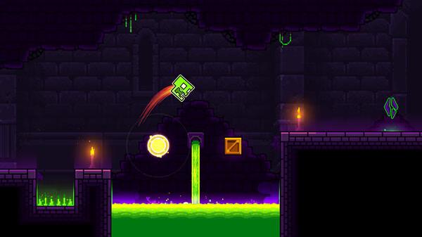 Geometry Dash screenshot: A green cube jumps over obstacles in a dark, glowing environment with neon platforms.