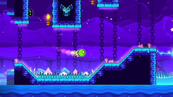 Geometry Dash screenshot showing a green rocket navigating a vibrant, neon-lit level with spikes, chains, and glowing platforms.