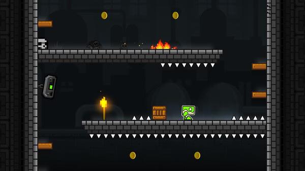 Screenshot of Geometry Dash shows a green square character navigating platforms with spikes, fire hazards, and collectible coins.