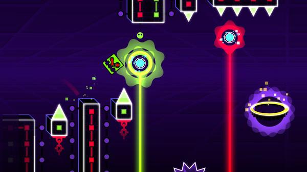 A Geometry Dash screenshot showing a green square character navigating neon obstacles and lasers in a vibrant, futuristic level.