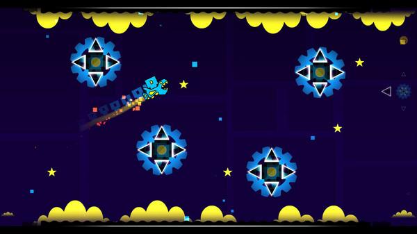 Screenshot from Geometry Dash showing a blue cube navigating through starry obstacles and gear-like shapes against a dark sky.