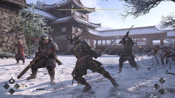 A screenshot from Assassin’s Creed Shadows showing a samurai in combat against armored enemies in a snowy Japanese courtyard.