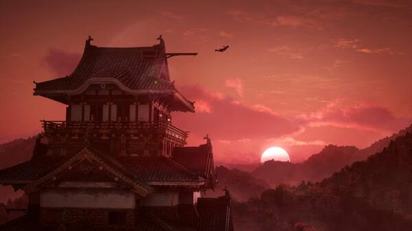 A screenshot from Assassin’s Creed Shadows showcasing a traditional Japanese building at sunset with a bird flying in the sky.