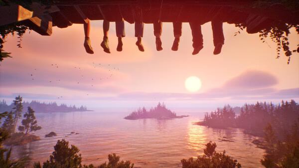 Screenshot from Lost Records: Bloom & Rage showing legs dangling off a wooden ledge, overlooking a sunset-lit lake and forest.