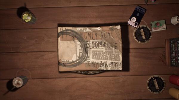 Screenshot from Lost Records: Bloom & Rage showing a table with scattered items and a package labeled "Only for Bloom & Rage."