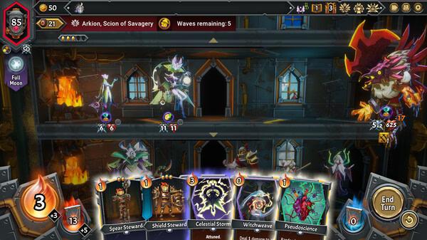 Screenshot from Monster Train 2 showing a battle scene with monsters on multiple floors and player cards at the bottom.