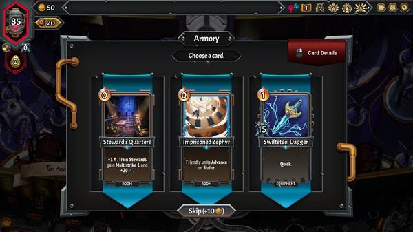 Monster Train 2 screenshot: Armory menu showing three cards, including "Steward's Quarters" and "Swiftsteel Dagger."