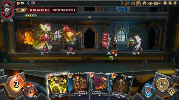 Monster Train 2 screenshot: Battle scene with enemy waves, player cards, and abilities displayed in a fiery train environment.