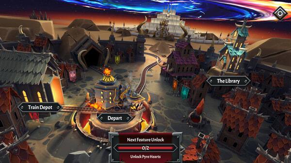 Screenshot from Monster Train 2 showing the main hub with options to visit the Train Depot and Library, and a cosmic sky above.
