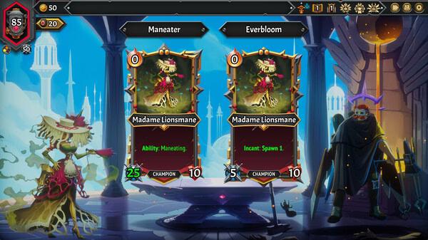 Screenshot from Monster Train 2 showing two Madame Lionsmane cards with abilities, set in a mystical, fantasy environment.