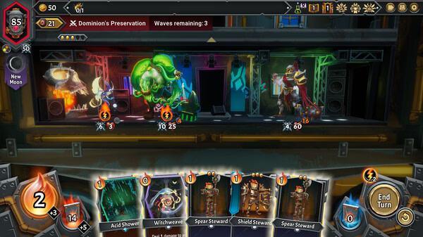 Monster Train 2 screenshot: A battle scene shows enemies, player units, and cards in play on a train with colorful lighting effects.
